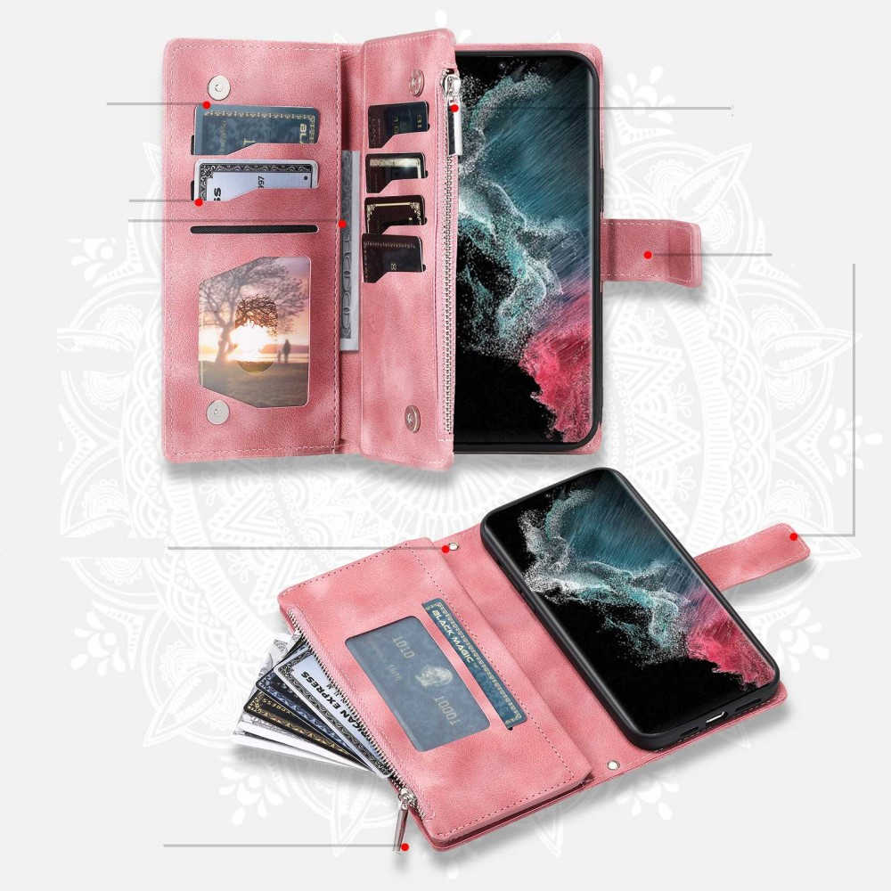 Samsung Galaxy S23 Ultra 5G Leder Tasche Flip Cover mit Reissverschluss - Mandala Flowers Imprint - Rosa
