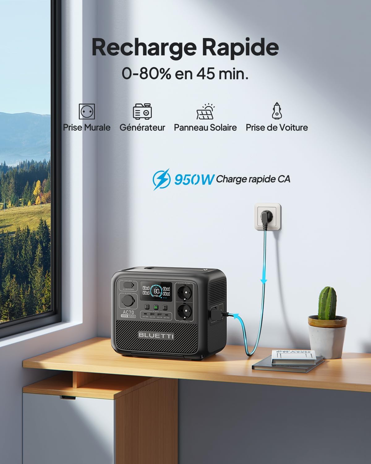 BLUETTI AC70 Générateur Électrique Portable avec 200W Panneau Solaire(Livré Séparément), LiFePO4 de 768Wh Charge Rapide de 45 Min de 0 à 80%, 2 Sorties CA de 1000W (2000W Pic) pour Voyage, Camping