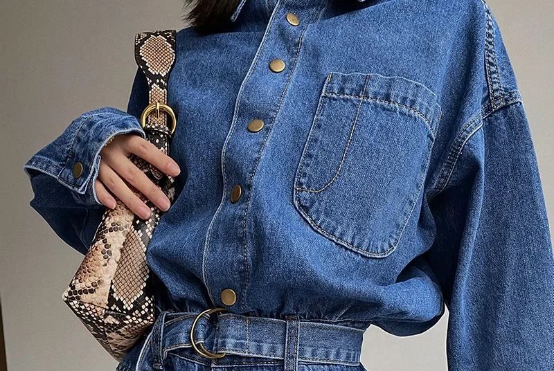 Reknovine - Denim jumpsuit met lange mouwen en riem