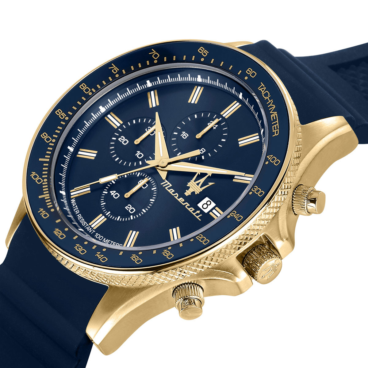 Montre MASERATI homme acier doré jaune bracelet silicone bleu