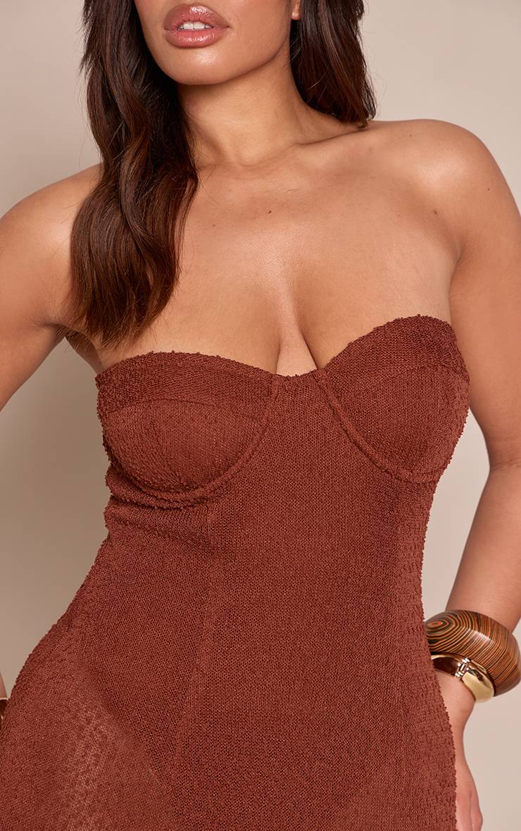 Marron Robe Moulante En Maille Ajourée Chocolat