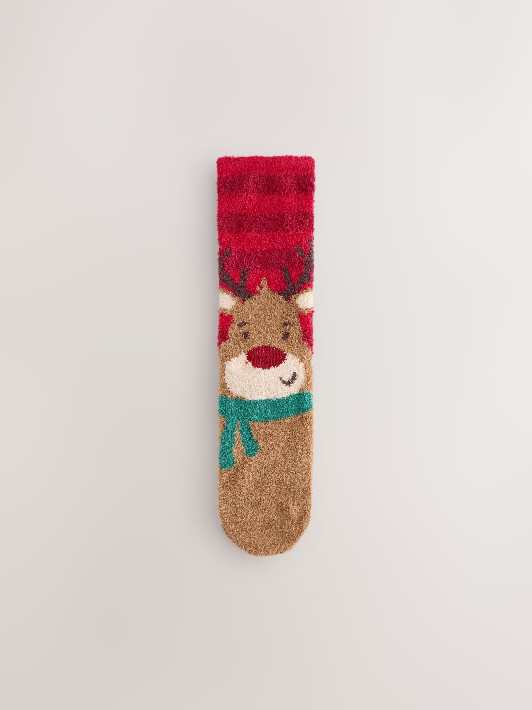 Rood/Groen kerstman en rendier - Christmas Pattern Cosy Socks 2 Pack