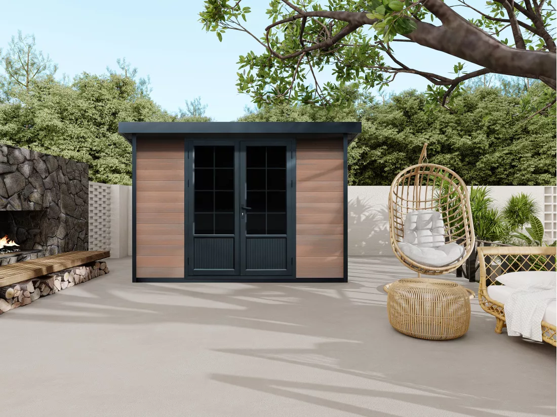 Abri de jardin en bois composite 28 mm aspect naturel foncé 10,43 m² - HAZELTON