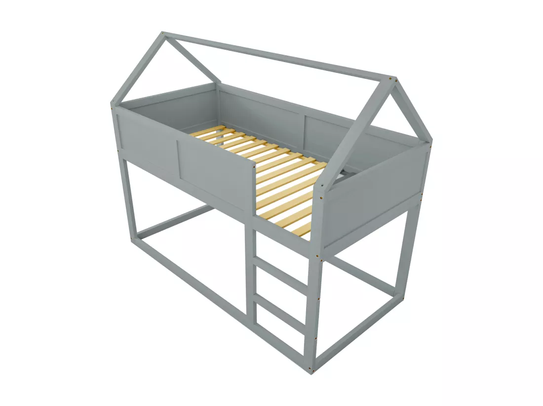 Lit superposé enfant 2 x 90 x 200 cm, lit mezzanine avec escalier, cadre en bois massif, gris