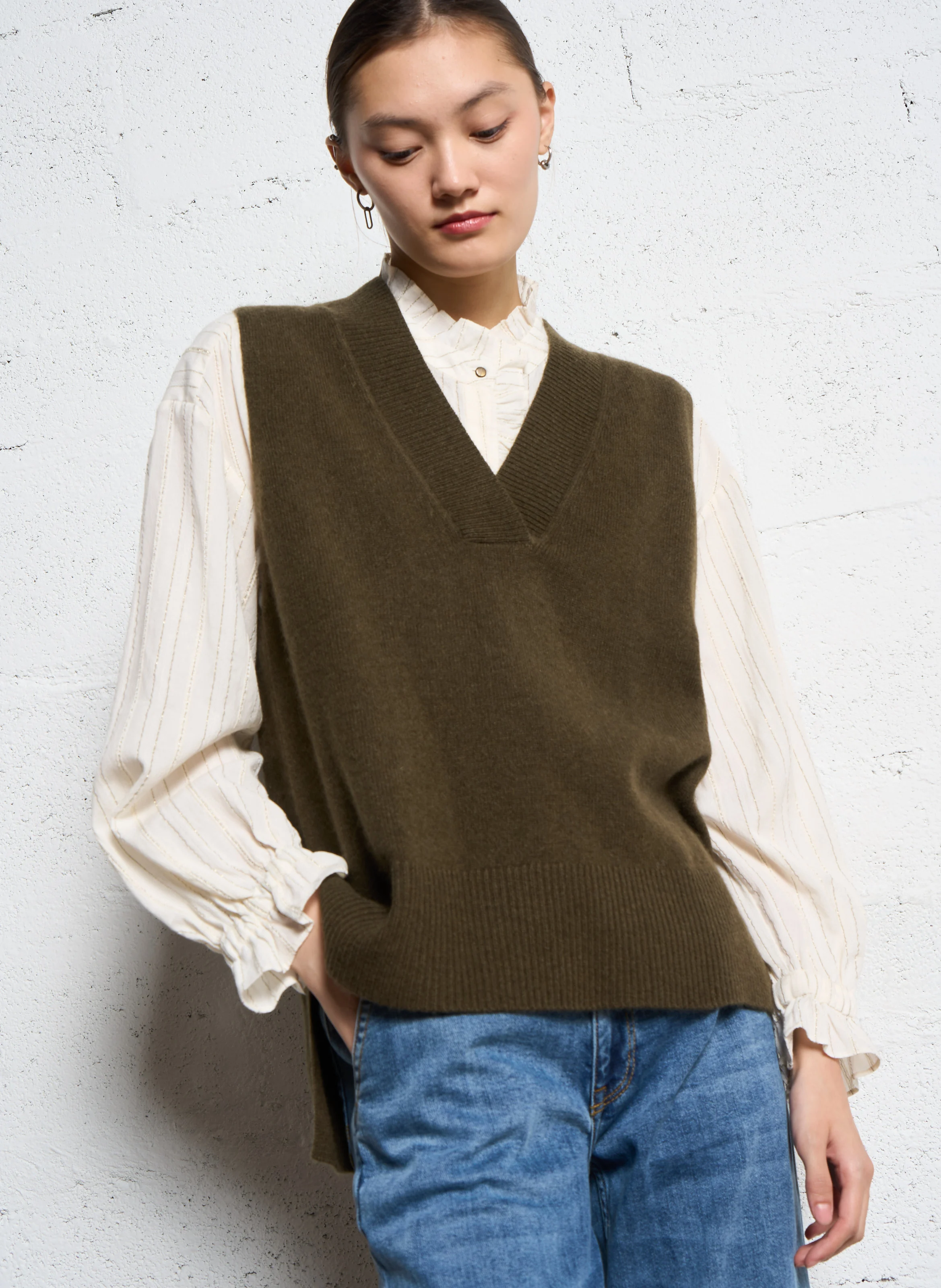 ARISTIDE - Pull col V droit en laine | Vert