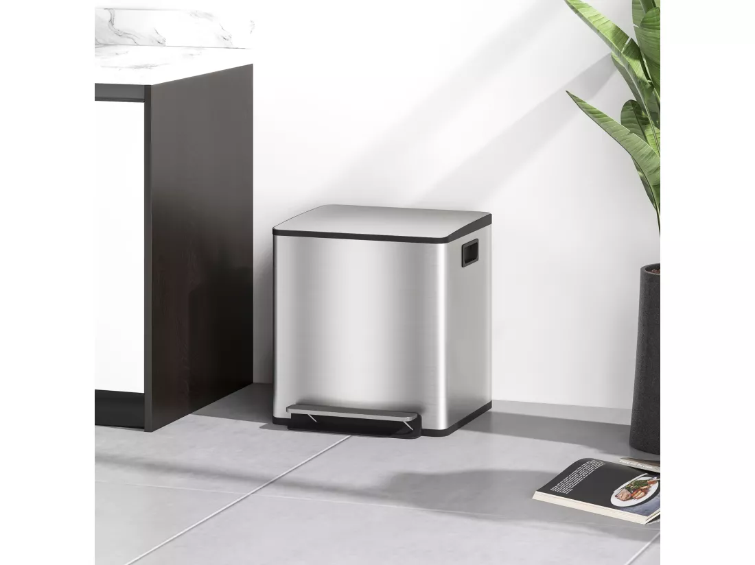 Poubelle de cuisine de 2 x 15L poubelle à pédale 2 compartiments, en acier inoxydable avec couvercle à fermeture douce, seaux amovibles, 41,8L x 36,7l x 44H cm argenté