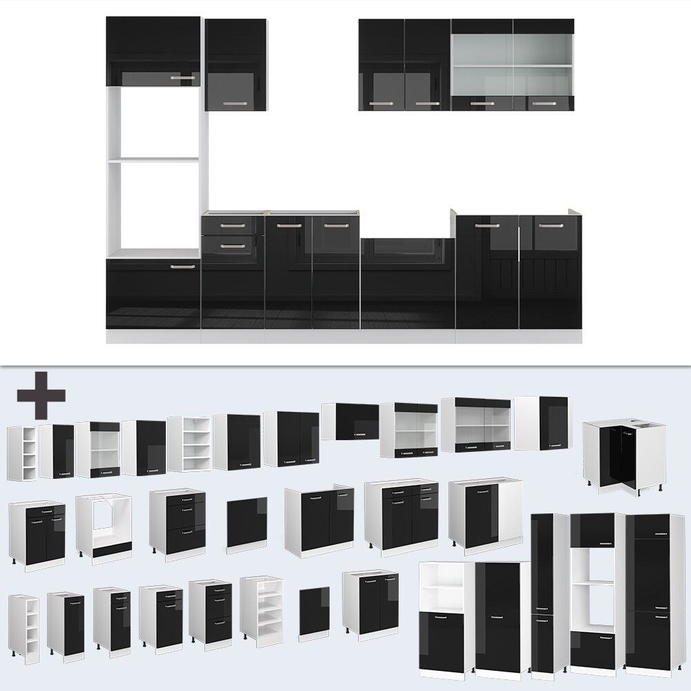 Vicco Küchenzeile R-Line Solid Weiß Schwarz 300 cm Arbeitsplatte modern Küchenschränke Küchenmöbel