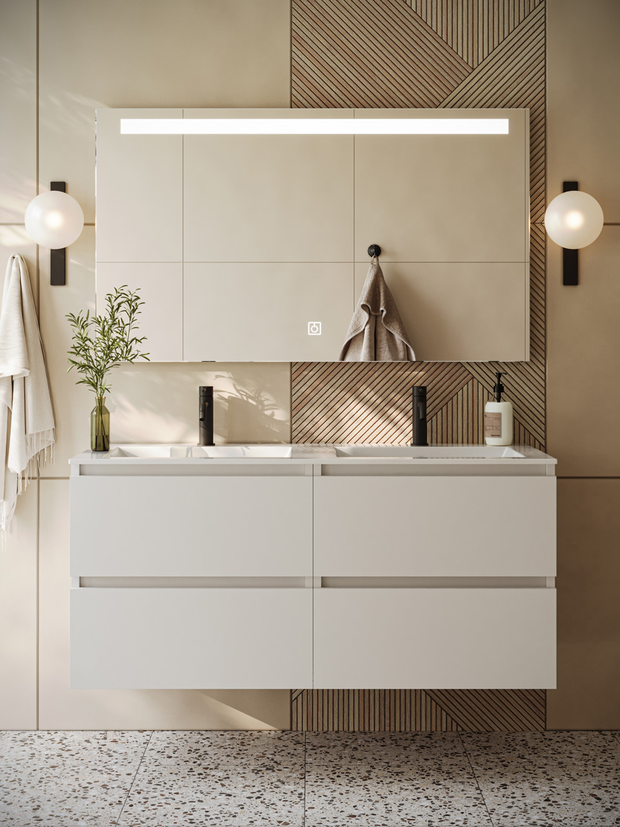 Fontana Rovigo badmeubel 120cm wit mat met witte wastafel met kraangaten en spiegel met verlichting