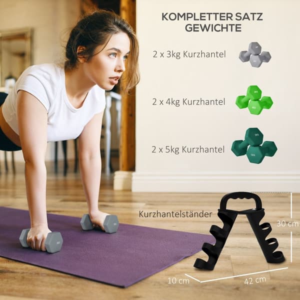 Sett med 6 manualer 2 x 3 kg, 2 x 4 kg, 2 x 5 kg, manualsett med stativ, hexagon manualsett, for styrketrening, fitness hjemmetrening, grå+grønn+turki
