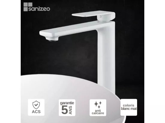 Robinet Mitigeur de Lavabo anti-calcaire Bec Haut Blanc Mat IMEX FIYI BDF016-3BL