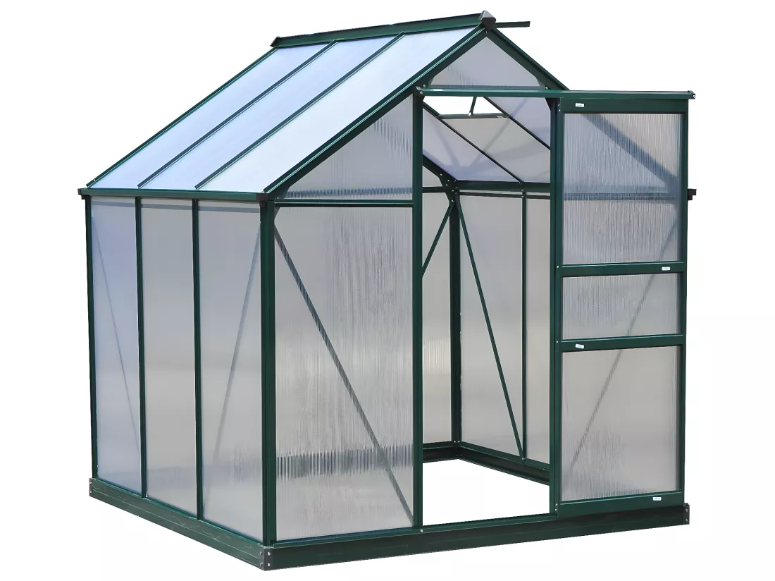 Serre de jardin aluminium polycarbonate 3,65 m² dim. 1,9L x 1,92l x 2,01H m lucarne, porte coulissante + fondation incluse alu. vert polycarbonate transparent