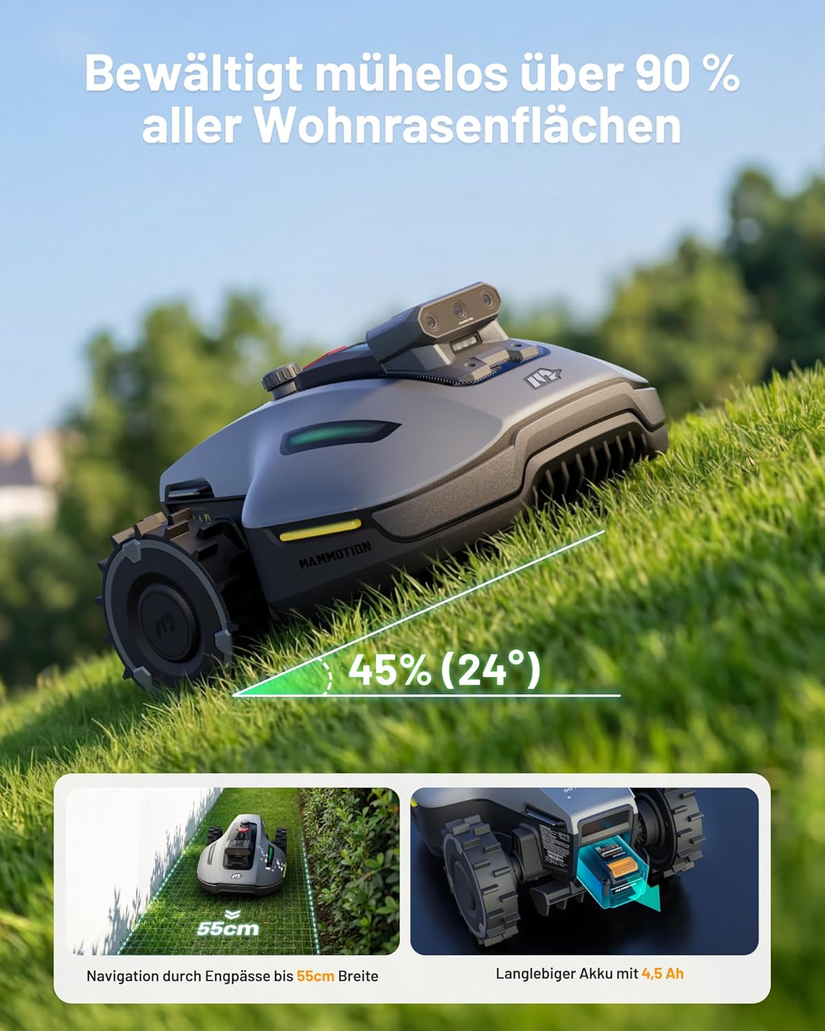 MAMMOTION YUKA mini 2 500 Mähroboter ohne Begrenzungskabel, Empf. 500 m², AI-gestützte DREI-Kamera-Bildverarbeitung Rasenmäher Roboter, Auto-Mehrzonen-Kartierung, DropMow, Manuelle Kartenbearbeitung