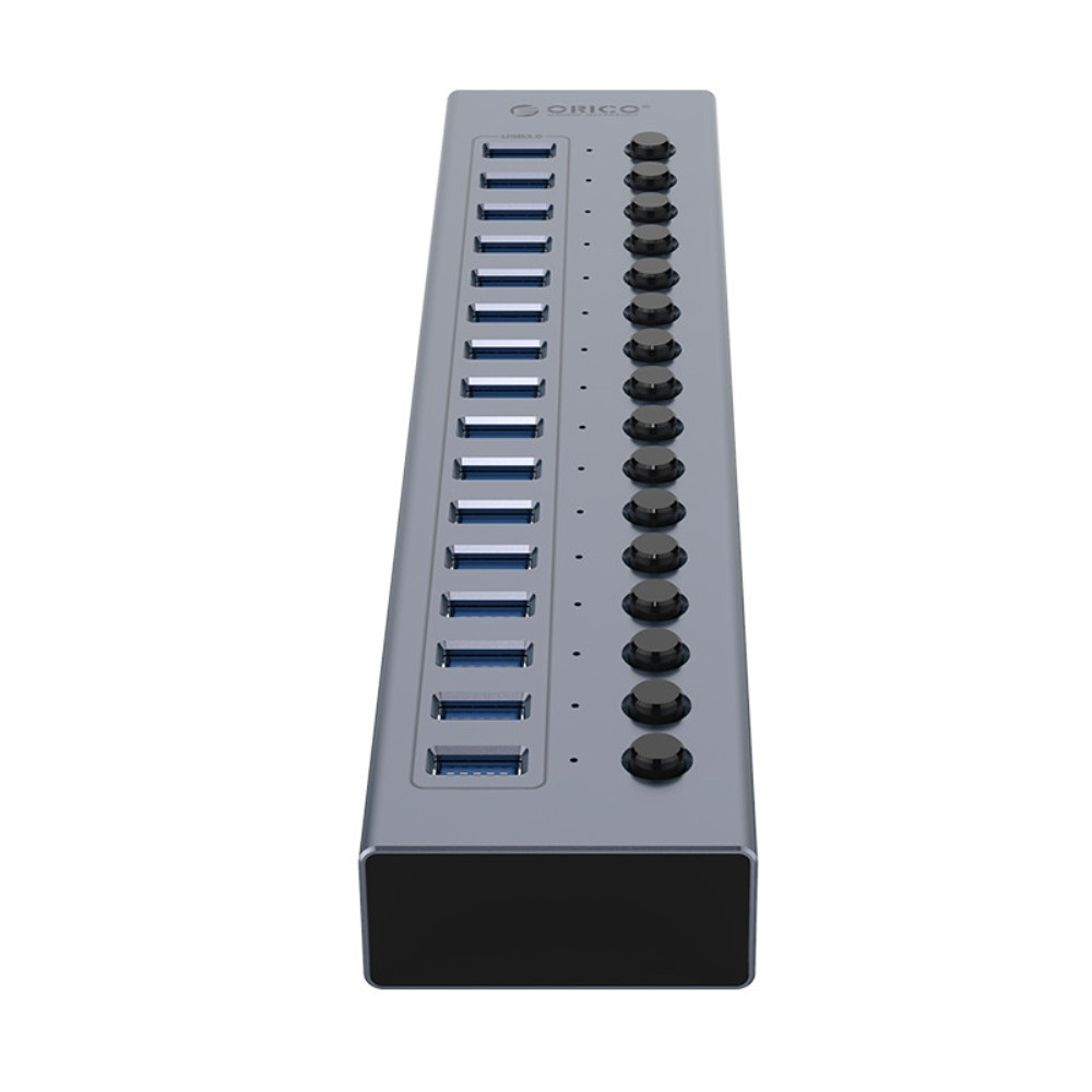 (28cm) 16-fach USB 3.0 Hub Aluminium Adapter mit USB Port Steuerung Tastenschalter 5GB/s   Netzteil (12V/5A) - Grau