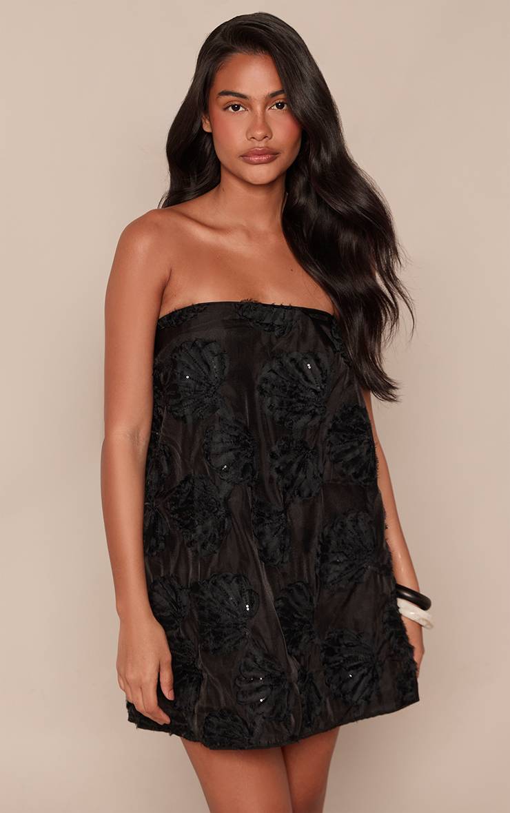 Noir Robe Courte Droite Bandeau À Texture Coquillage