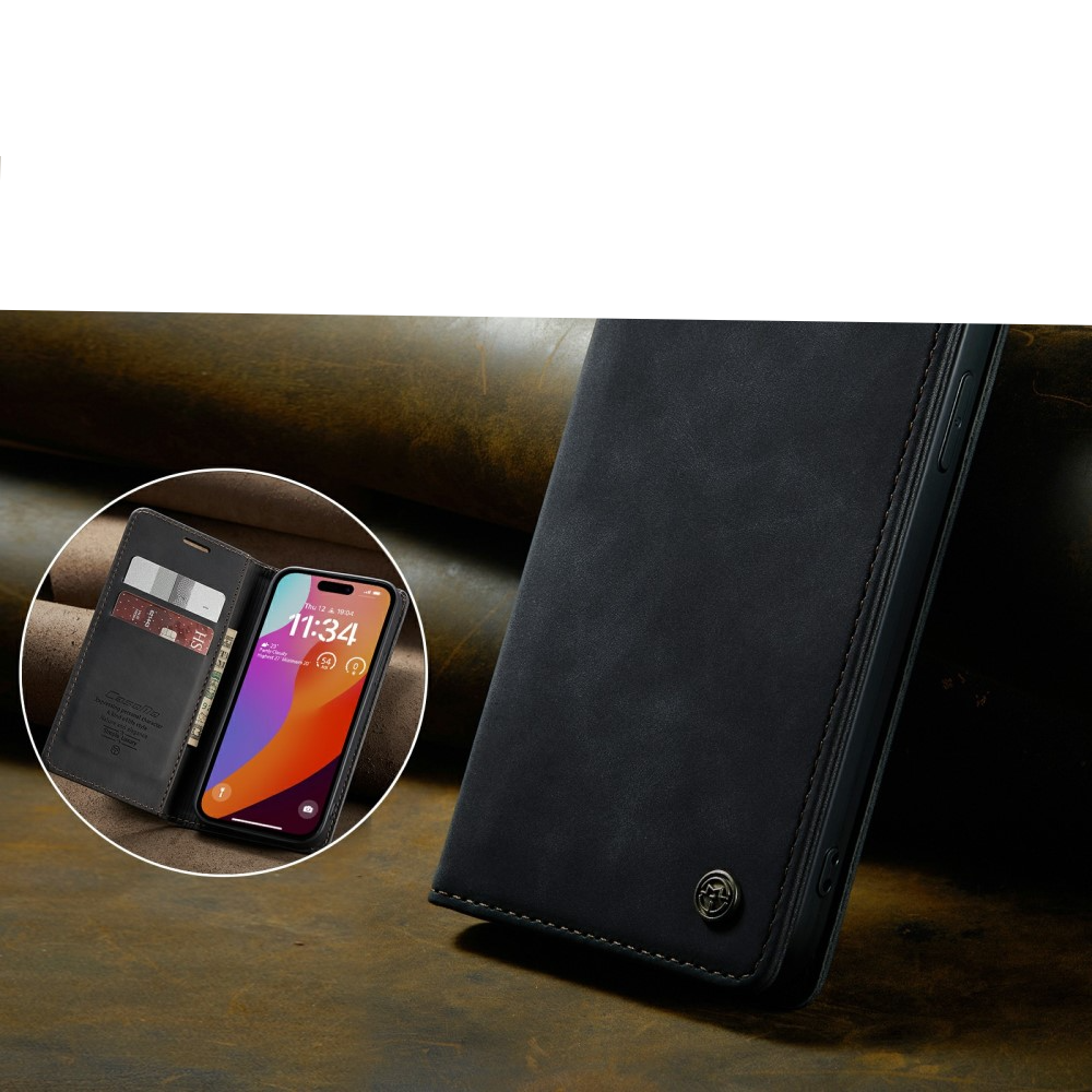 iPhone 16 Pro Leder Tasche Flip Wallet Etui mit Kartenfächern - Schwarz