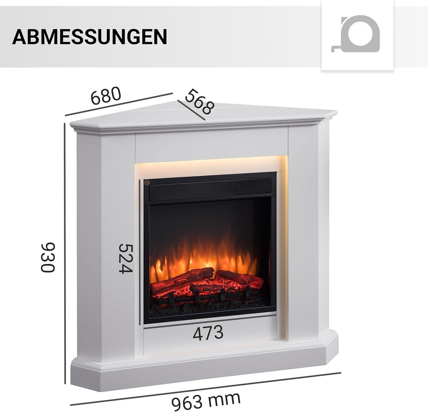 Elektrokamin BALDERIA Candela - Elektrischer Eckkamin mit 3D-Flammeneffekt, Elektro Heizung 2000W, LED-Beleuchtung, Fernbedienung, Timer & Thermostat - Weiß