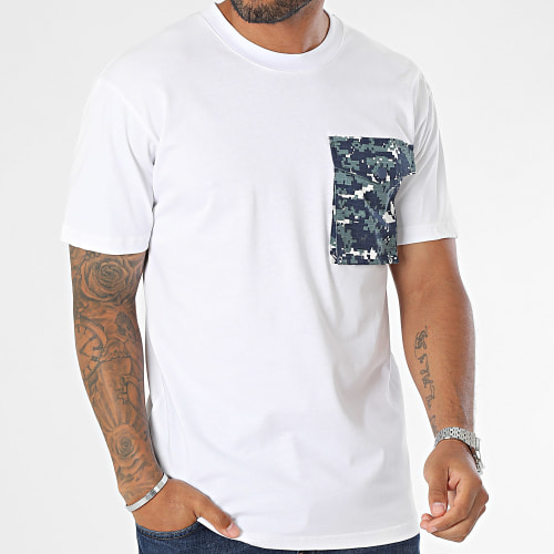 Tee Shirt Poche Blanc Bleu Marine Camouflage