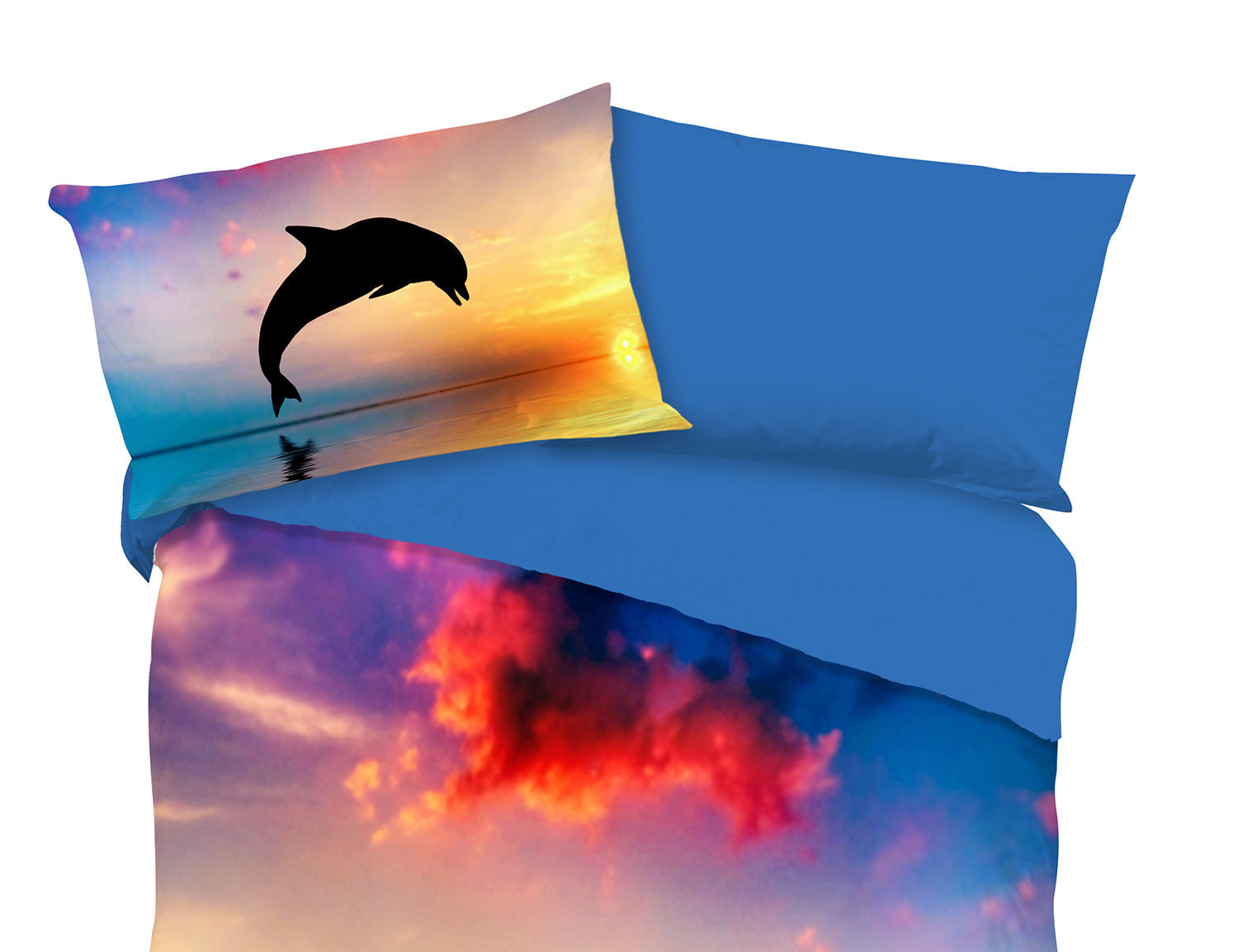 Bettwäsche mit springendem Delfin und Sonnenuntergang
