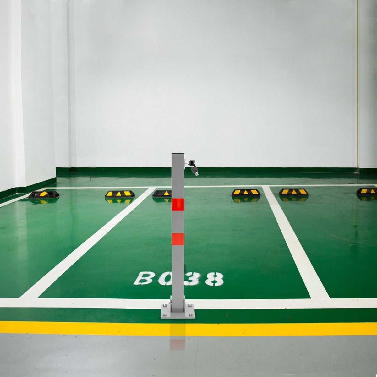 ECD Duitsland 1x Opvouwbare parkeerbarrière, vierkant, 70 cm, stalen parkeerpaal met rode waarschuwingsstrepen, slot en 3 sleutels, paal, parkeerbarrière, parkeerpaal, paal, voet
