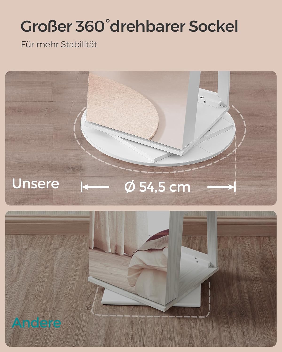 SONGMICS Schmuckschrank, Spiegelschrank, mit rahmenlosem Ganzkörperspiegel, 3 Ablagen, 360° drehbar, abschließbar, Oberfläche in Weiß, Innenfutter in Greige JJC007W02