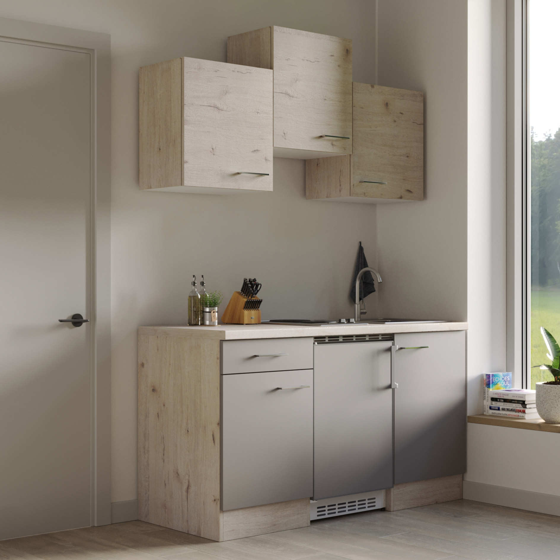 Küchenblock RIVA - Quarz Cubanit - San Remo Eiche hell - mit E-Geräten - 150 cm