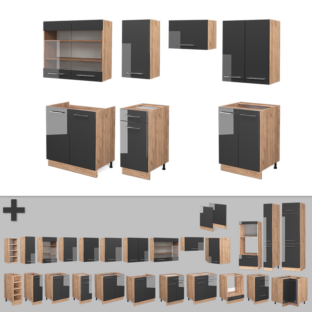 Vicco Küchenzeile Küchenblock Einbauküche Fame-Line Eiche Anthrazit 240 cm modern Küchen Schränke Spülenunterschrank Schubunterschrank Hängeschrank Hängeglasschrank Hochglanz