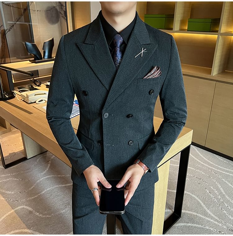 Blueforce - Set: effen dubbelrijs blazer met piekrevers + V-hals enkelrijs vest + hoge taille rechte broek
