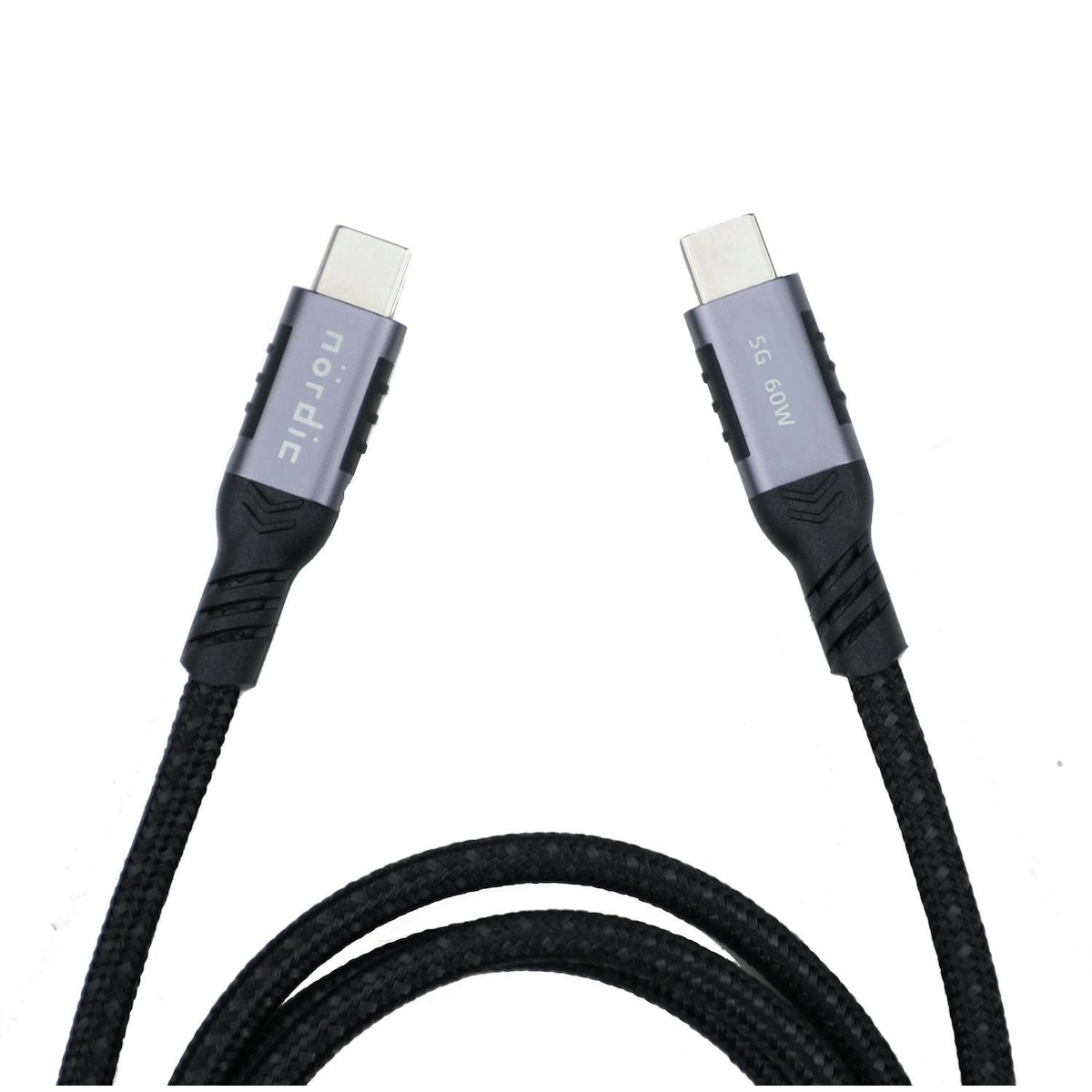 NÖRDIC 25cm USB3.2 Gen1 USB-C til C nylonflettet kabel hurtiglading 3A 5Gbps Strømforsyning PD 60W