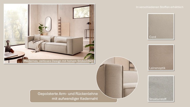 LeGer Home by Lena Gercke 3-Sitzer »PIARA, Couch mit Kedernaht, Sofa in Cord, Leinenoptik o. Strukturstoff« schwarze Füsse, bequemer Sitzkomfort