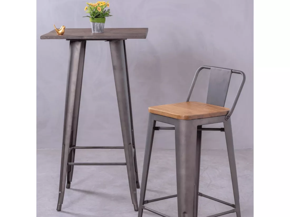 Table haute industrielle en acier vieilli et bois foncé - Bistro - Antique