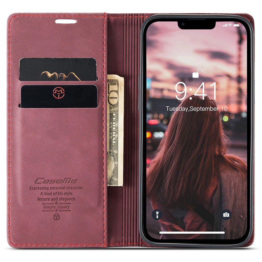 iPhone 15 Pro Leder Tasche Flip Wallet Etui mit Kartenfächern - Rot