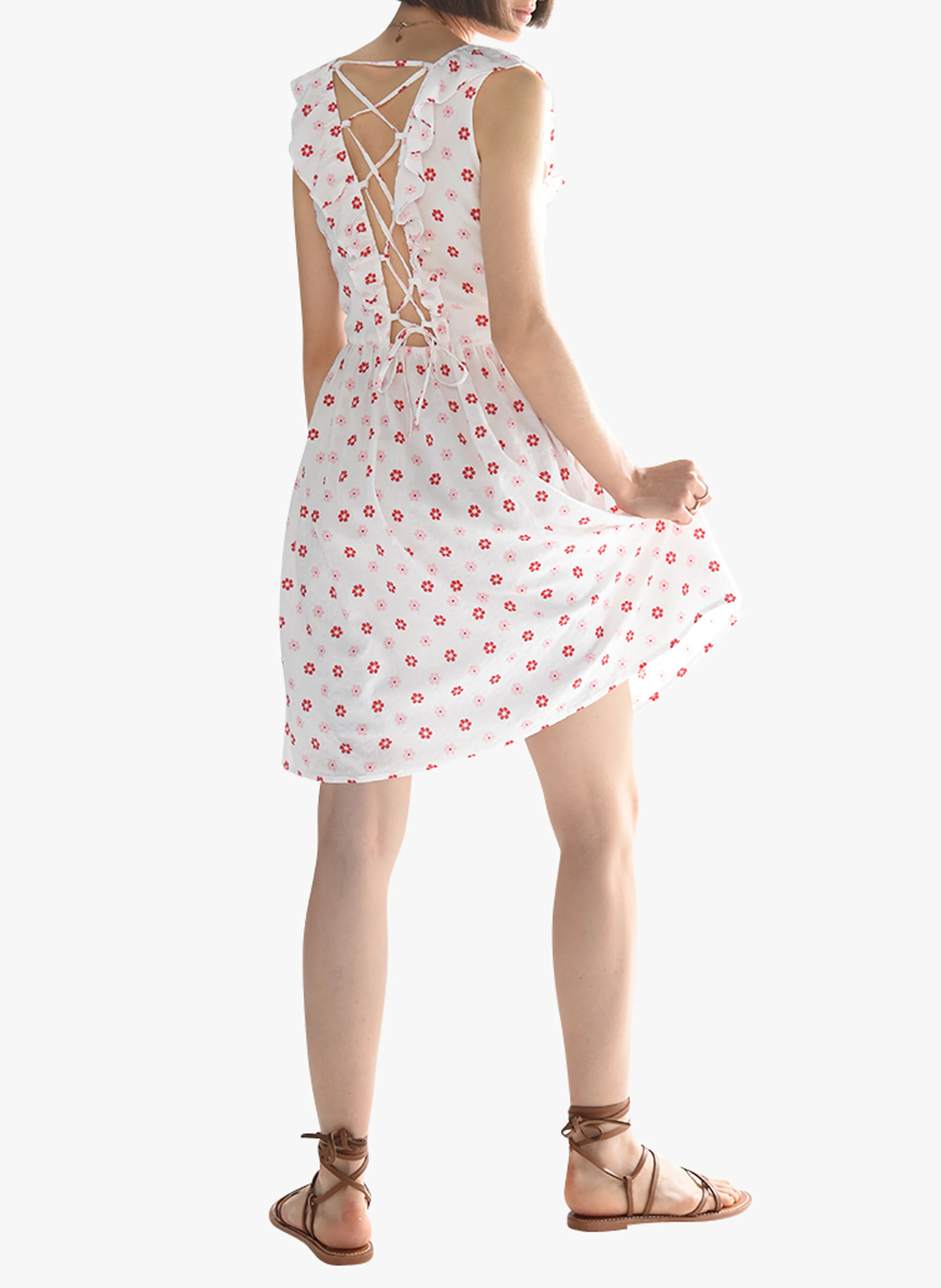 Robe courte col V imprimée fleuri en coton | Blanc