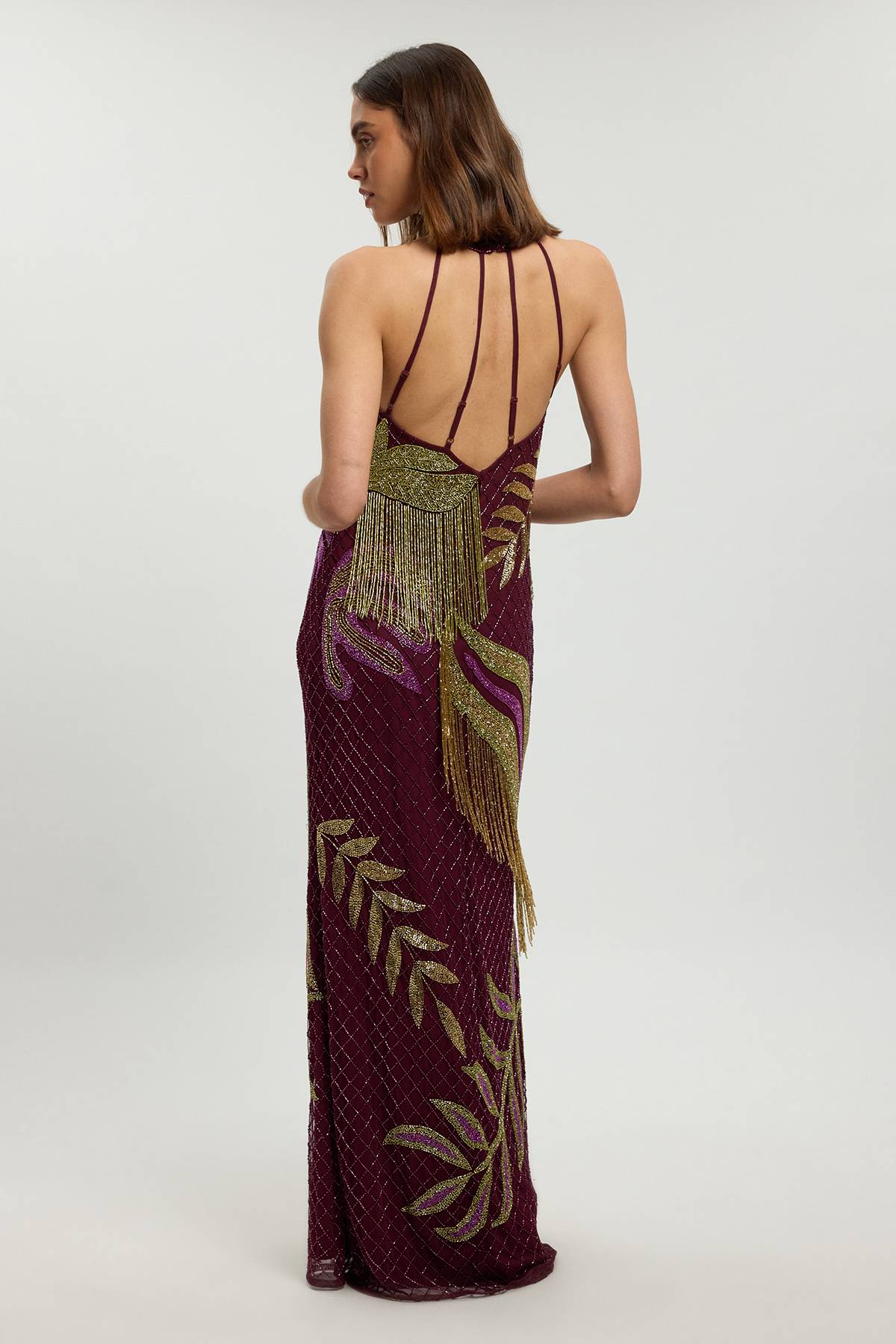 KarenMillen Robe Longue Dos Nu À Bretelles Avec Perles Et Motif Tropical Tissé