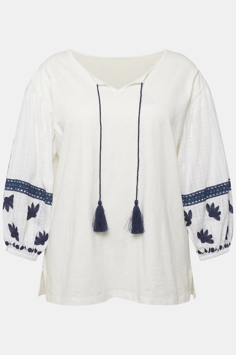 Bluse, Stickerei, Tunika-Ausschnitt , Langarm