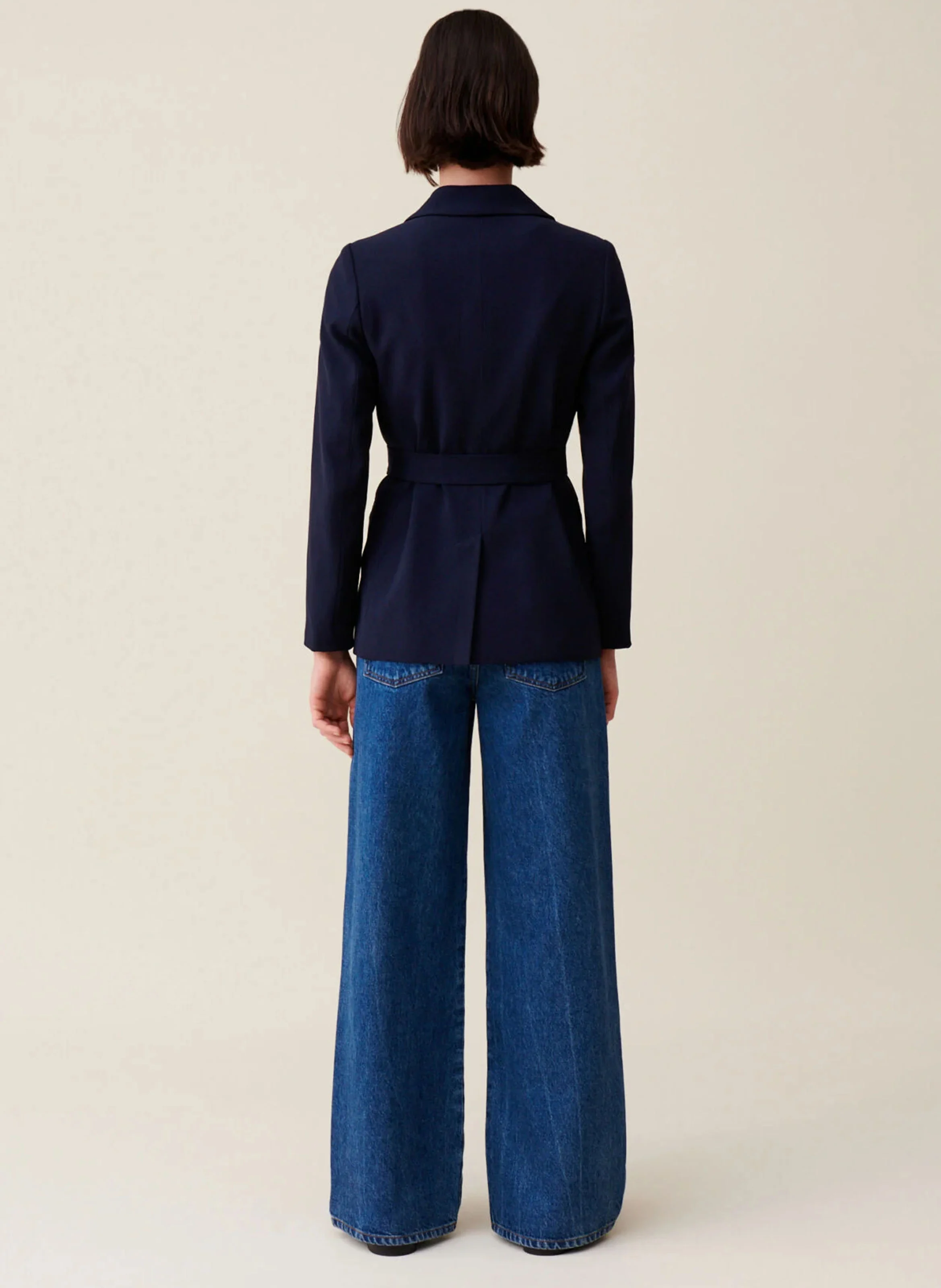 Veste col tailleur cintrée ceinturée | Bleu