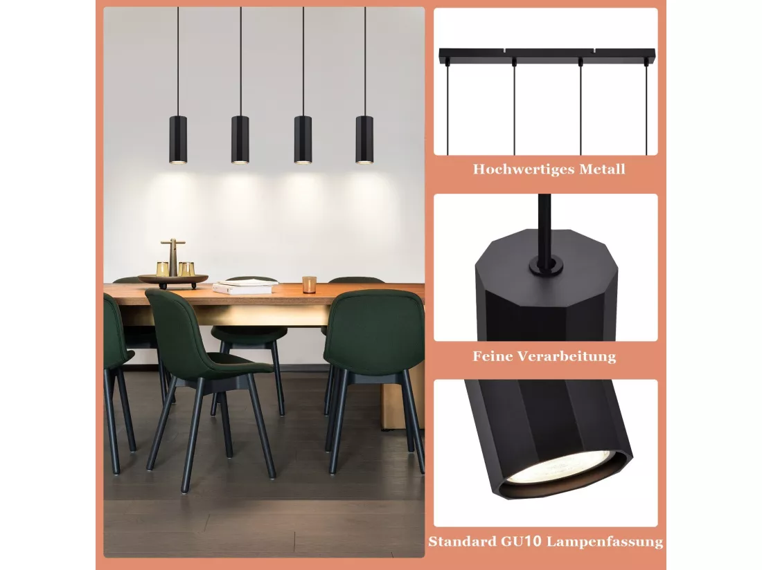 NETTLIFE Suspension métal noir diamètre 60 cm GU10 4 flammes salon industriel salle à manger lampe moderne pour intérieur cuisine chambre