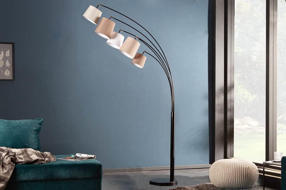 invicta INTERIOR 5-flammige Design Bogenlampe LEVELS weiß beige braun mit 5 Leinen Schirmen Stehlampe Lampe Stoffschirm Leseleuchte