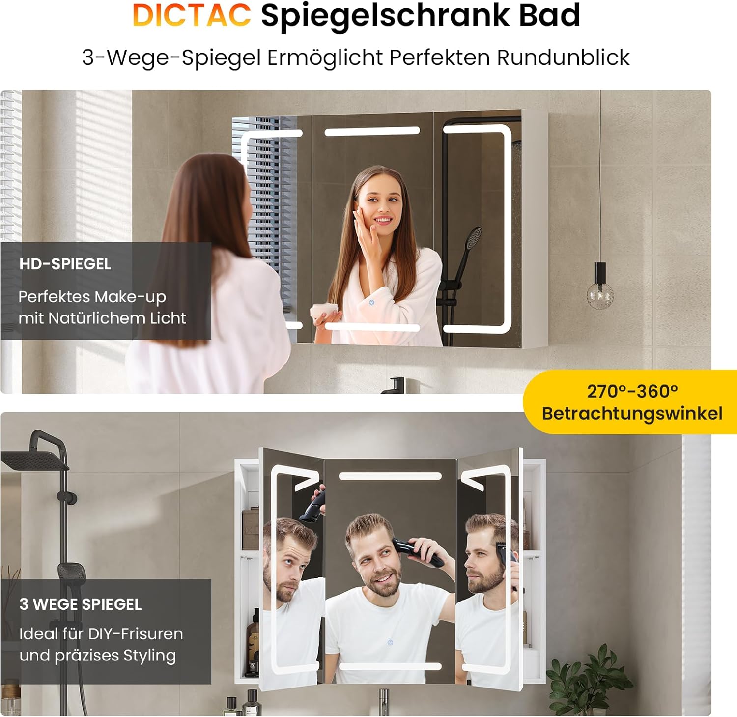 DICTAC Spiegelschrank Bad mit Beleuchtung und Steckdose Badezimmerschrank mit Spiegel und Verstellbarem Regal,Badschrank mit 3 Türen,Wandschrank,Hängeschrank,3 Farbtemperatur Dimmbare,80x60x16cm,Weiß