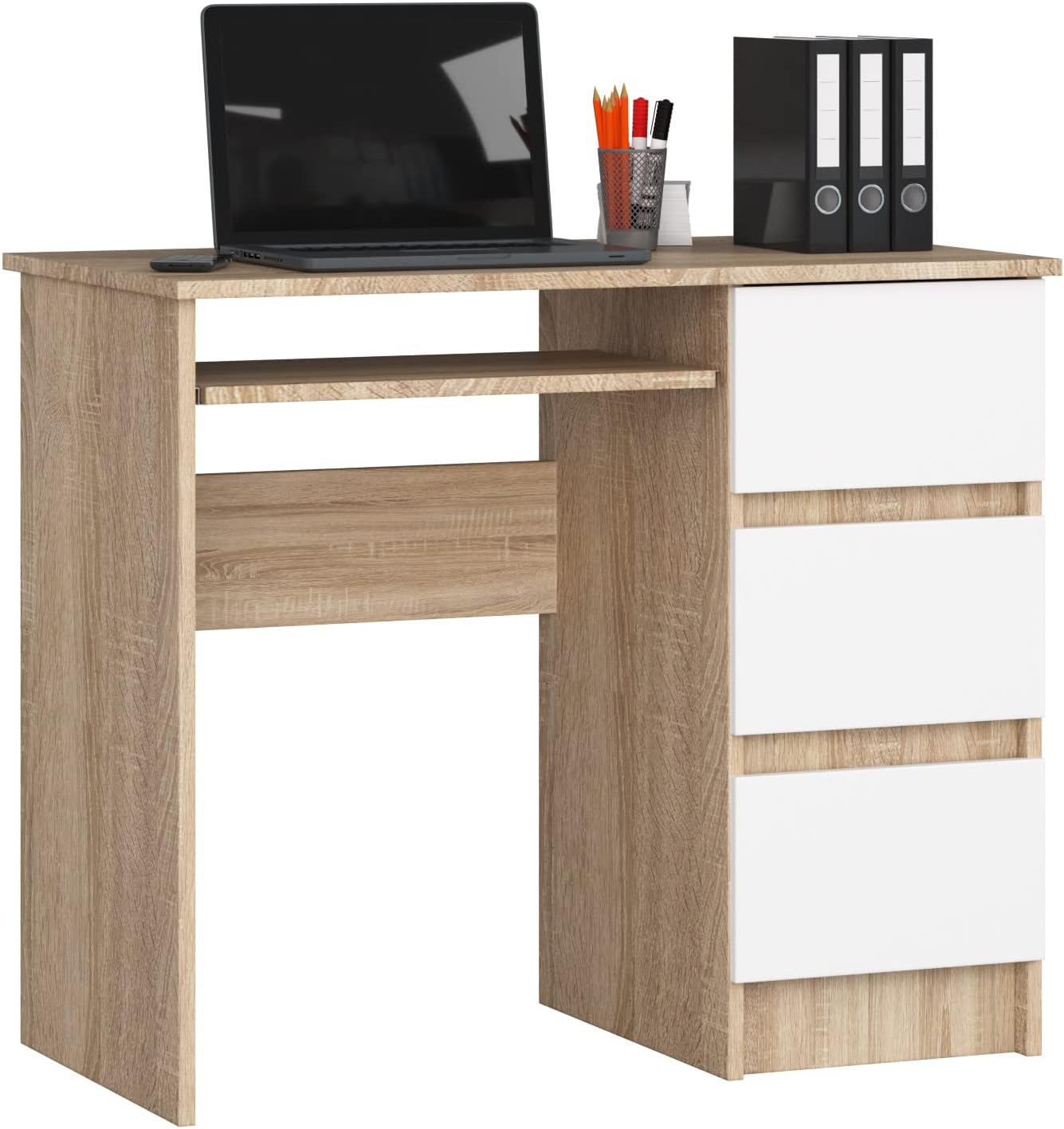 AKORD Schreibtisch A6 90 cm | 3 Schubladen Rechts | Schreibtisch | Bürotisch | Computertisch | Arbeitstisch | Laptoptisch | Bürmöbel | B90 x H77 x T50 cm | Gewicht 29,95 kg | Sonoma Eiche/Weiß