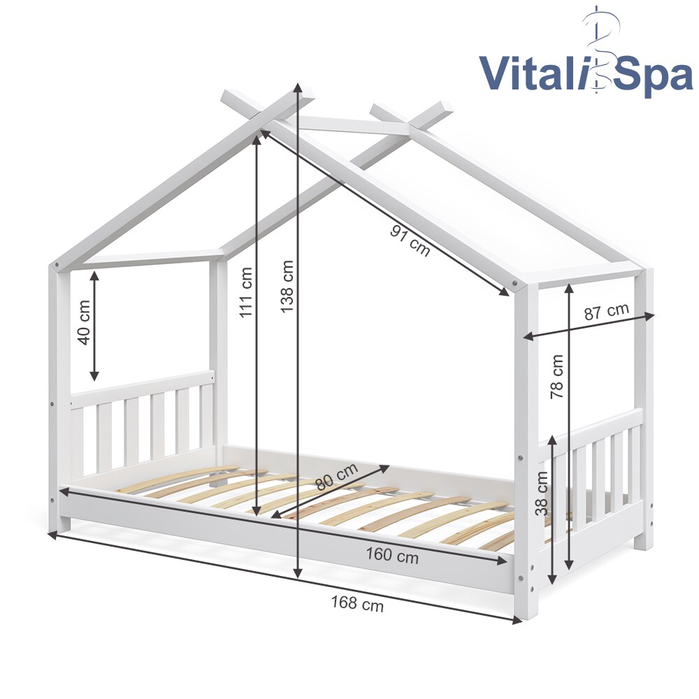 VITALISPA Kinderbett Hausbett DESIGN 80x160cm Weiß Zaun Kinder Holz Haus Hausbett mit Matratze