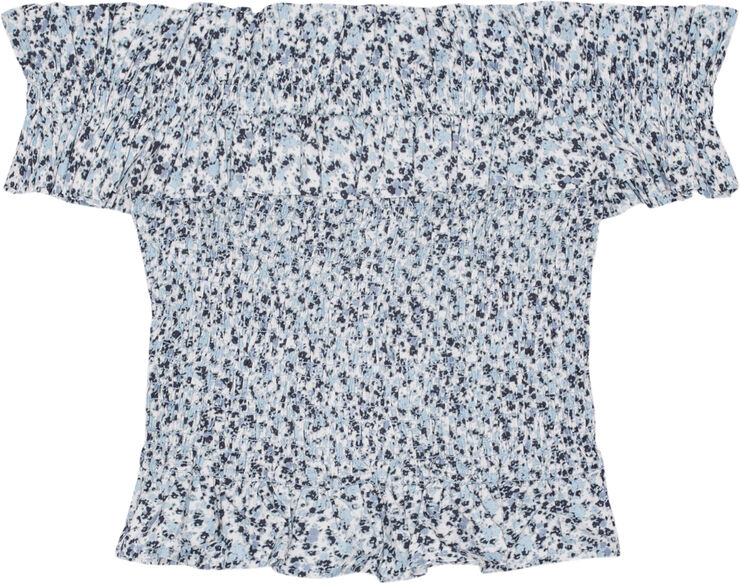 Ganni Printed Cotton Off-shoulder Smock T Glacier lake