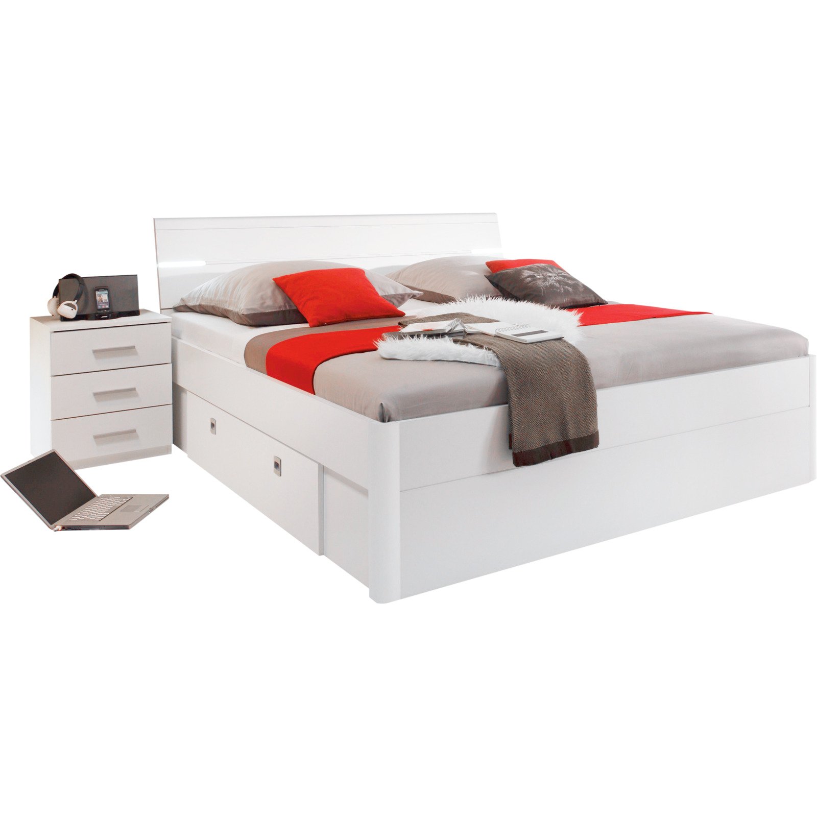 Bett Venus Dekor weiss 180 x 200 cm, mit Stauraum und Nachttisch