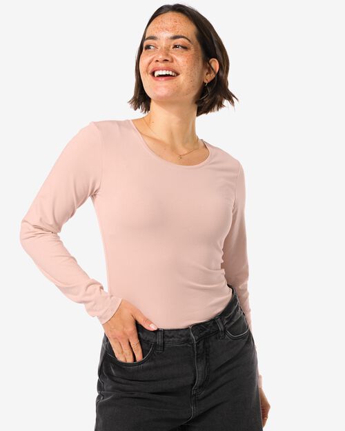 t-shirt cintré col rond manches longues pour femmes rose pâle