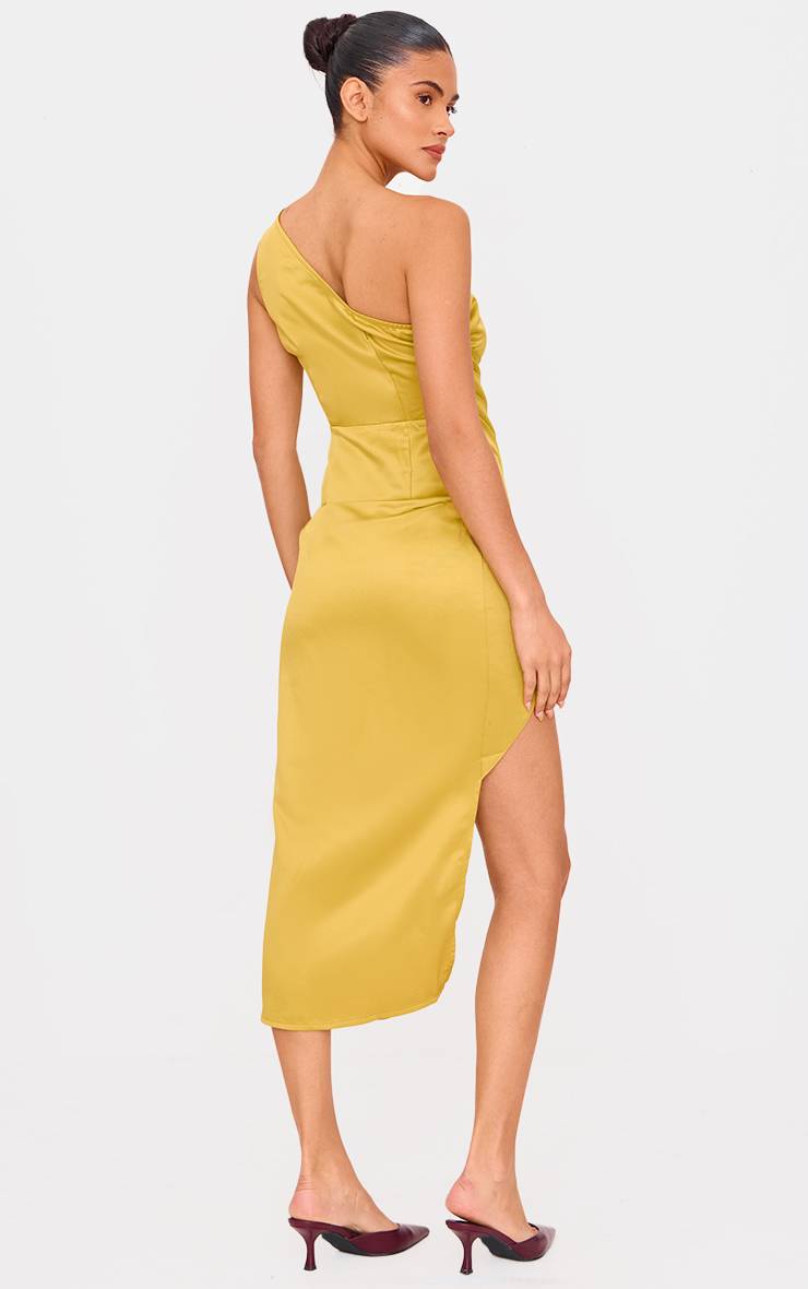 Vert Olive Robe Midi En Satin À Une Épaule Avec Détails Plissés