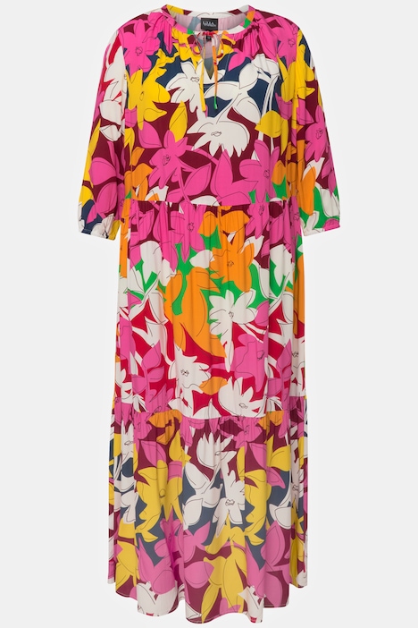 Kleid, Blüten, A-Linie, Tunika-Ausschnitt, 3/4-Arm