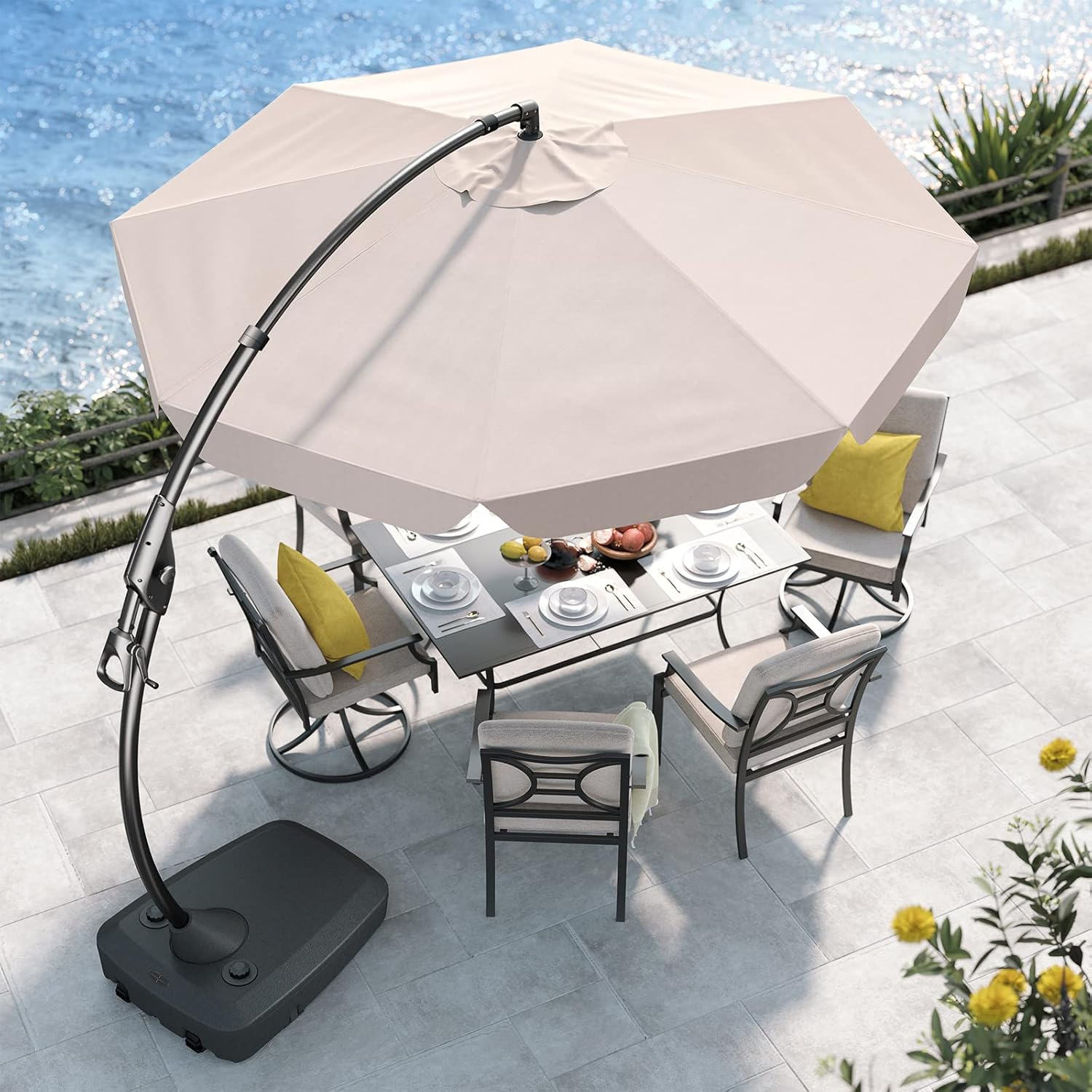 Grand patio Sonnenschirm mit Schirmständer, Gartenschirm 300cm mit Volant, Neigungswinkelverstellung, UV-Schutz UPF 50+, Marktschirm mit Kurbel, für Garten, Balkon, Terrass (Beige)