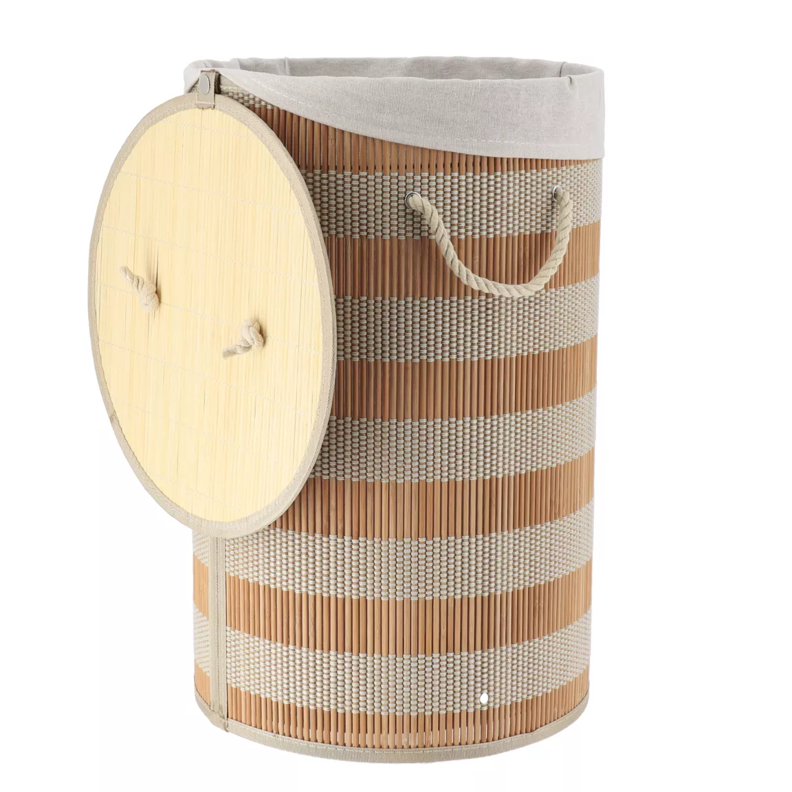 Panier à linge rond et pliable (H55 cm) Bambou Naturel et beige