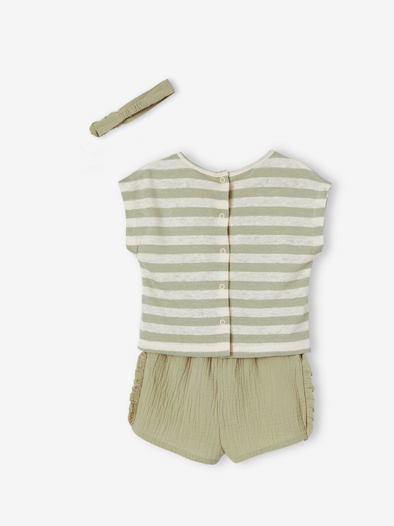 Roupa de bebê: shorts, camiseta listrada e faixa de cabelo verde-acinzentada.