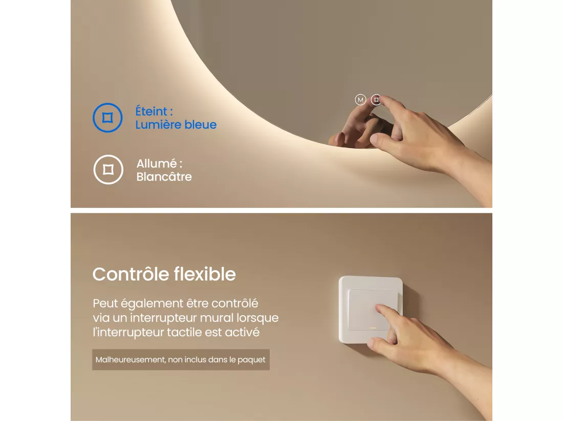 EMKE Miroir lumineux salle de bain rond diamètre 70cm, rétro-éclairage sans cadre, Interrupteur Tactile, Miroir avec éclairage Froide/Neutre/Chaude