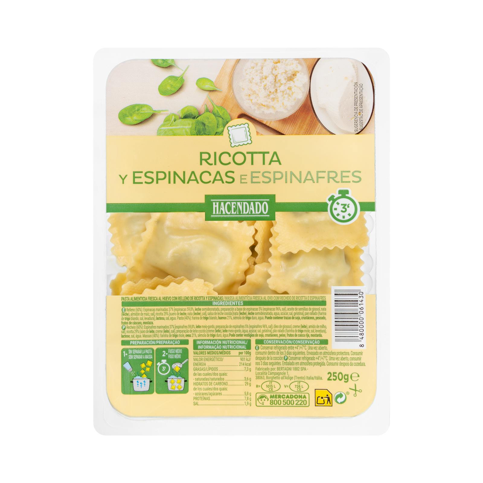 Raviolis de pâtes fraîches ricotta et épinards Hacendado